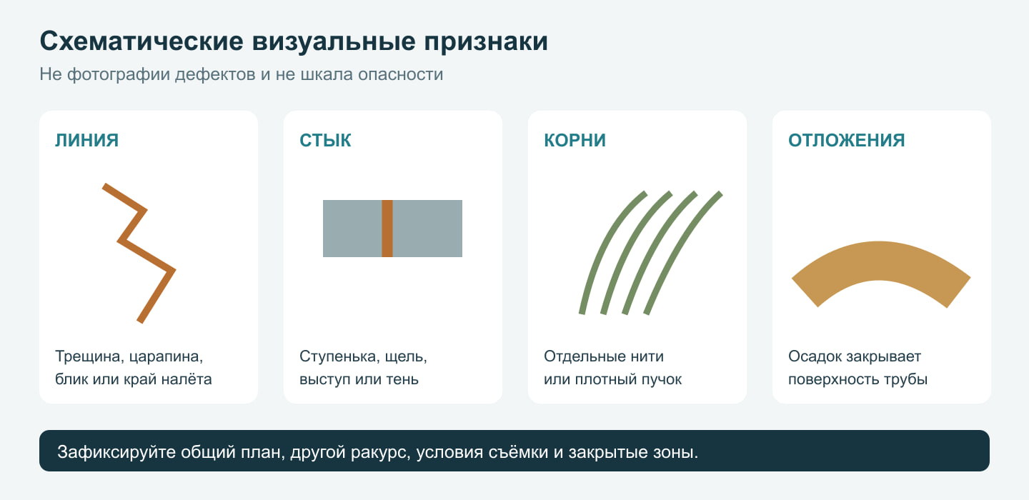 Схематические примеры линий, стыков, корней и отложений, заметных при телеинспекции трубы